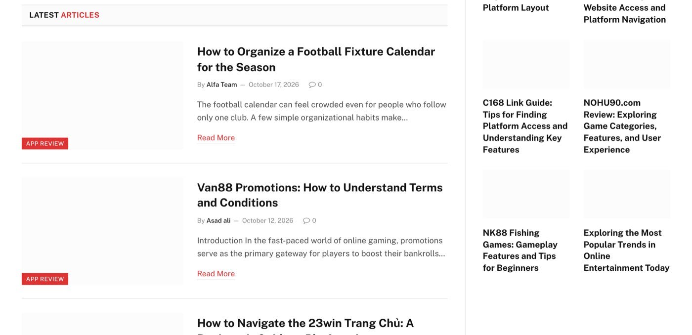 Apkek.org homepage Latest Articles section on 18 October 2026, showing posts titled Van88 Promotions: How to Understand Terms and Conditions and How to Navigate the 23win Trang Chu, and sidebar posts on C168, NOHU90 and NK88 fishing games, all labelled App Review
