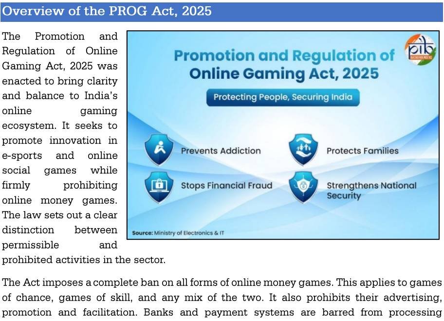 Press Information Bureau backgrounder of 30 April 2026, rendered on 18 October 2026, headed Overview of the PROG Act, 2025, stating that the Act imposes a complete ban on all forms of online money games, applying to games of chance, games of skill and any mix of the two, and prohibits their advertising, promotion and facilitation