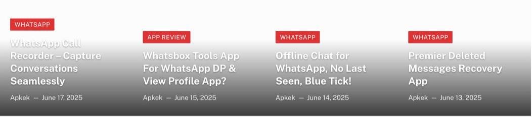 Apkek.org homepage as archived by the Wayback Machine on 19 June 2025, captured 18 October 2026, showing posts titled WhatsApp Call Recorder, Whatsbox Tools App for WhatsApp DP and View Profile App, Offline Chat for WhatsApp No Last Seen Blue Tick, and Premier Deleted Messages Recovery App, dated 13 to 17 June 2025