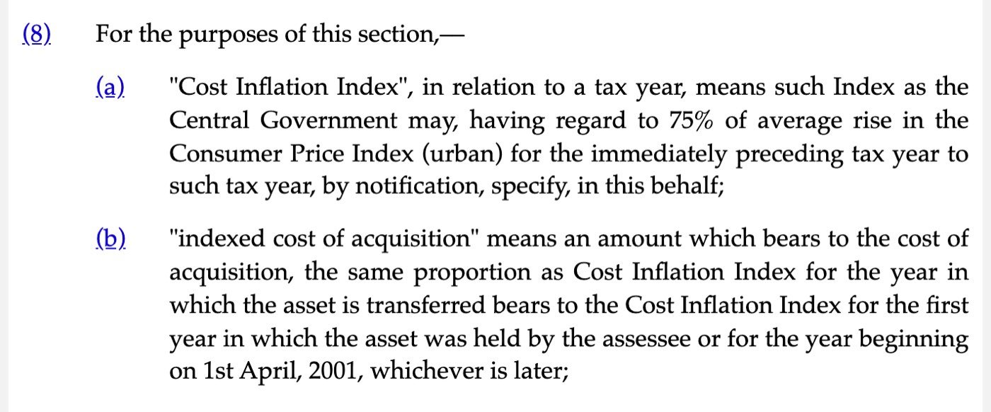 Section 72(8) of the Income-tax Act, 2025 on Indian Kanoon, captured on 19 October 2026, defining the Cost Inflation Index as the index the Central Government notifies having regard to 75% of the average rise in the Consumer Price Index (urban) for the preceding tax year, and the indexed cost of acquisition as the cost in the proportion of the CII for the year of transfer to the CII for the first year the asset was held or the year beginning 1st April, 2001, whichever is later