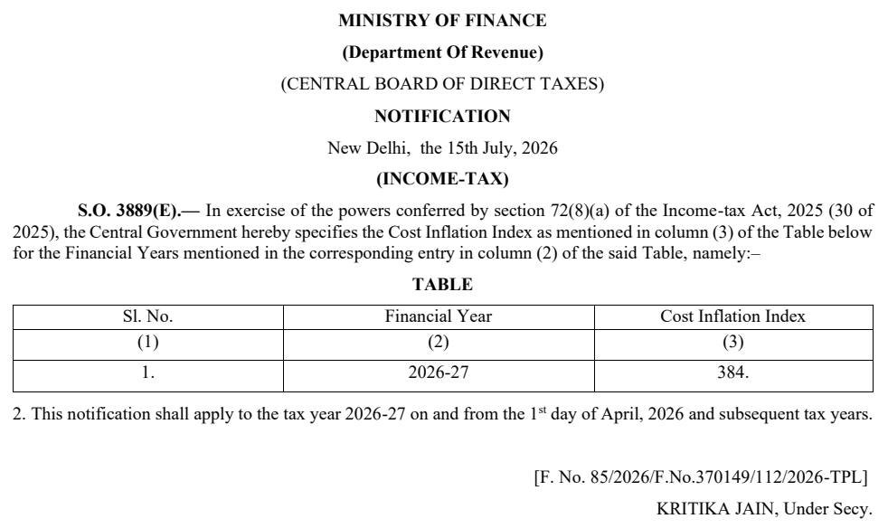 Gazette of India notification S.O. 3889(E) of 15 July 2026 from the Central Board of Direct Taxes, rendered on 19 October 2026 from a copy of the Gazette page, specifying under section 72(8)(a) of the Income-tax Act, 2025 a Cost Inflation Index of 384 for the financial year 2026-27, applying to the tax year 2026-27 from 1 April 2026