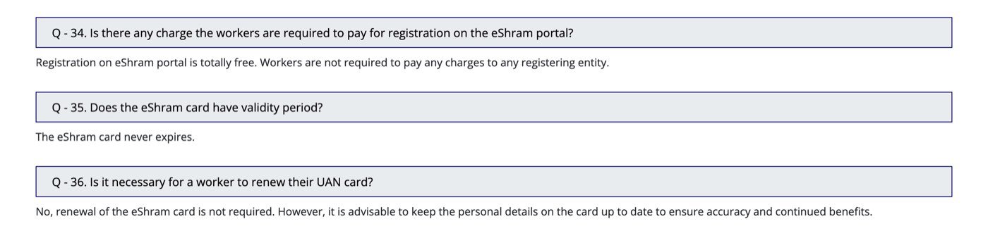 Questions 34 to 36 of the e-Shram FAQ on eshram.gov.in, captured on 23 October 2026: registration on the eShram portal is totally free and workers are not required to pay any charges to any registering entity; the eShram card never expires; and renewal of the eShram card is not required