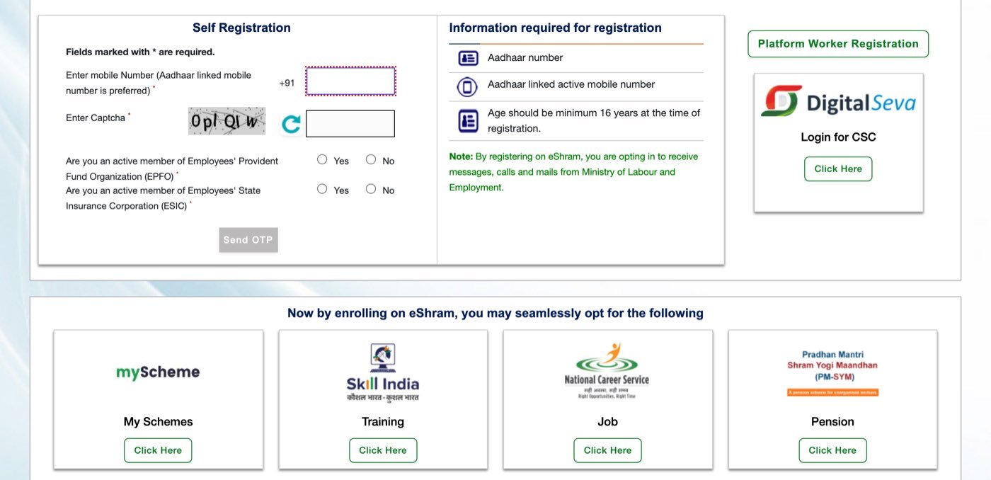 The e-Shram Self Registration page at register.eshram.gov.in, captured on 23 October 2026, asking for a mobile number with Aadhaar-linked preferred, a captcha, and whether the worker is an active member of the Employees Provident Fund Organization and of the Employees State Insurance Corporation, with Information required for registration listing the Aadhaar number, an Aadhaar-linked active mobile number and a minimum age of 16 years