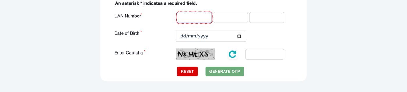 The e-Shram UAN login form at register.eshram.gov.in, captured on 23 October 2026, with a UAN Number field split into three boxes, a Date of Birth field, a captcha and Reset and Generate OTP buttons