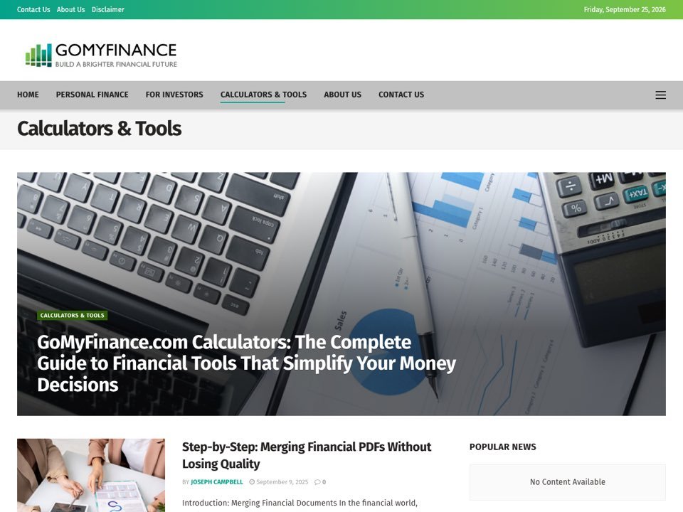 GoMyFinance.com Calculators and Tools category page on September 25, 2026 showing articles and no calculator