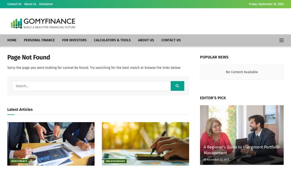 GoMyFinance.com Disclaimer link showing a Page Not Found error on September 25, 2026