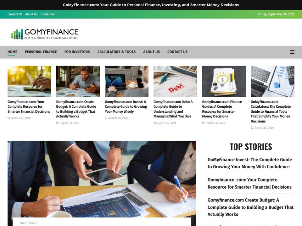 GoMyFinance.com homepage on September 25, 2026 showing six guides titled with the site&rsquo;s own name, dated August 28 to 30, 2026