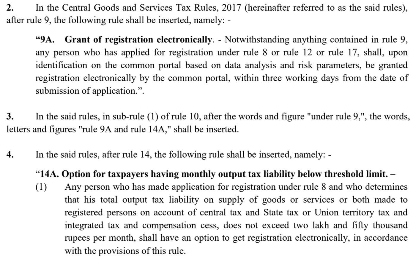 Notification 18/2025-Central Tax dated 31 October 2025, in the copy kept by the ICAI's GST and Indirect Taxes Committee, captured on 23 October 2026: new rule 9A, Grant of registration electronically, within three working days from the date of submission of application, and the opening of rule 14A for taxpayers whose monthly output tax liability on supplies to registered persons does not exceed two lakh and fifty thousand rupees