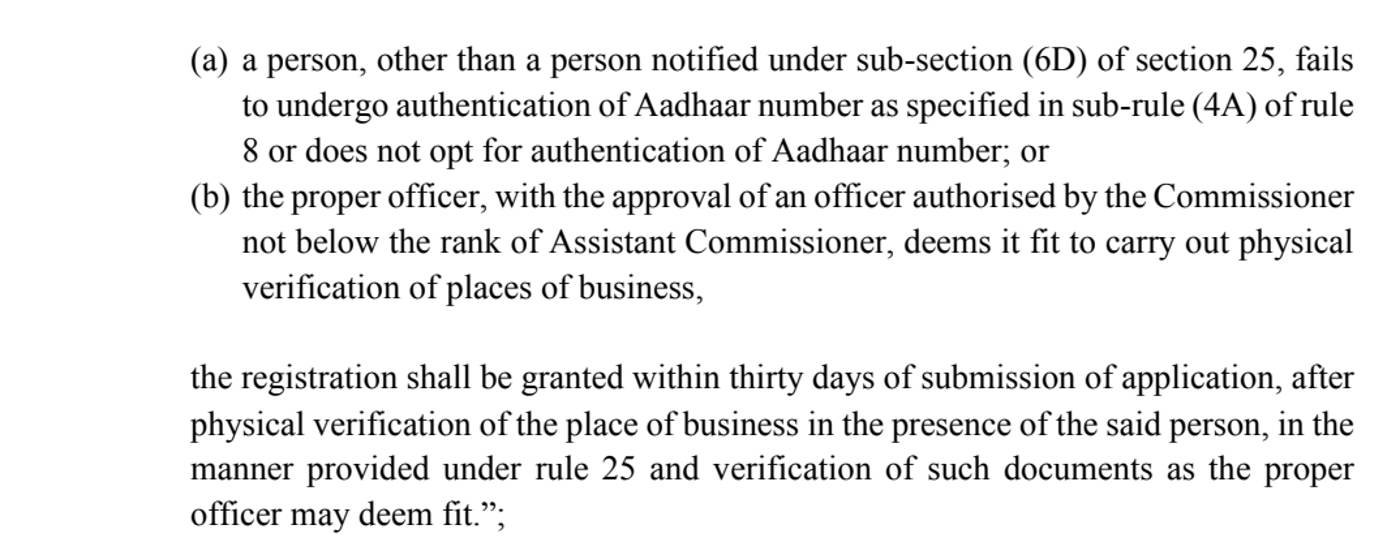 Notification 94/2020-Central Tax on the GST Council website, captured on 23 October 2026: where a person fails to undergo authentication of Aadhaar number or does not opt for it, or the proper officer deems it fit to carry out physical verification of places of business, the registration shall be granted within thirty days of submission of application, after physical verification of the place of business