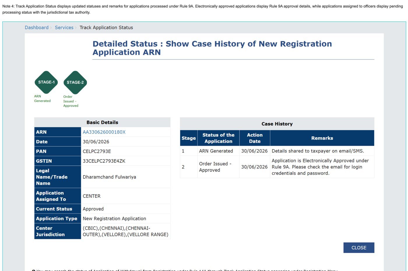 A page of the GST portal user manual, captured on 23 October 2026, showing the Detailed Status screen for ARN AA330626000180X dated 30/06/2026 with GSTIN 33CELPC2793E4ZK, current status Approved, and a case history remark reading Application is Electronically Approved under Rule 9A. Please check the email for login credentials and password