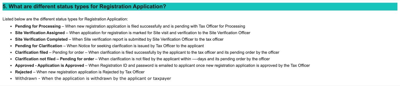 The GST portal user manual FAQ, captured on 23 October 2026, listing the registration application statuses: Pending for Processing, Site Verification Assigned, Site Verification Completed, Pending for Clarification, Clarification filed Pending for order, Clarification not filed Pending for order, Approved, Rejected and Withdrawn, each with a one-line meaning