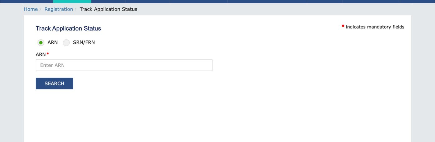 The Track Application Status page on services.gst.gov.in, captured on 23 October 2026, with a choice between ARN and SRN/FRN, an ARN box marked as mandatory with the placeholder Enter ARN, and a SEARCH button