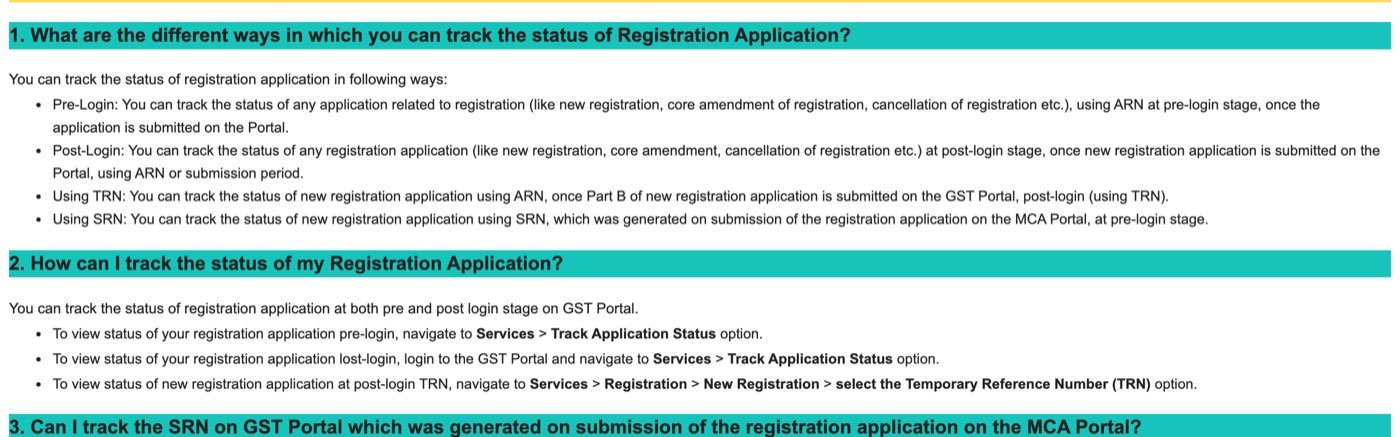 The GST portal user manual FAQ, captured on 23 October 2026, answering what are the different ways to track a registration application: pre-login using the ARN, post-login using the ARN or submission period, using the TRN after logging in once Part B is submitted, and using the SRN generated on the MCA portal, followed by the menu paths for each