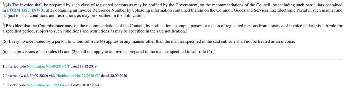 CGST Rule 48 sub-rules 4 to 6 on the CBIC tax information repository on 13 October 2026: notified registered persons must prepare invoices with the particulars of FORM GST INV-01 after obtaining an Invoice Reference Number, and an invoice issued otherwise shall not be treated as an invoice