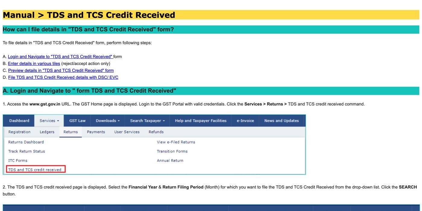 The GST portal manual for the TDS and TCS Credit Received form (tutorial.gst.gov.in), captured on 31 October 2026: log in, click Services, Returns, TDS and TCS credit received, with a screenshot of the Returns menu showing that command, then select the financial year and return filing period and click Search