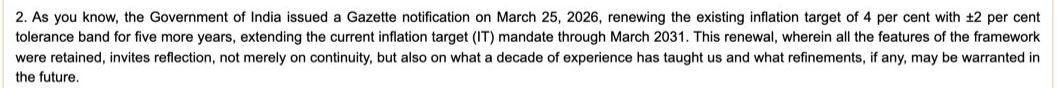 Speech by RBI Deputy Governor Poonam Gupta on the RBI website, captured on 19 October 2026: the Government of India issued a Gazette notification on March 25, 2026, renewing the existing inflation target of 4 per cent with plus or minus 2 per cent tolerance band for five more years, through March 2031