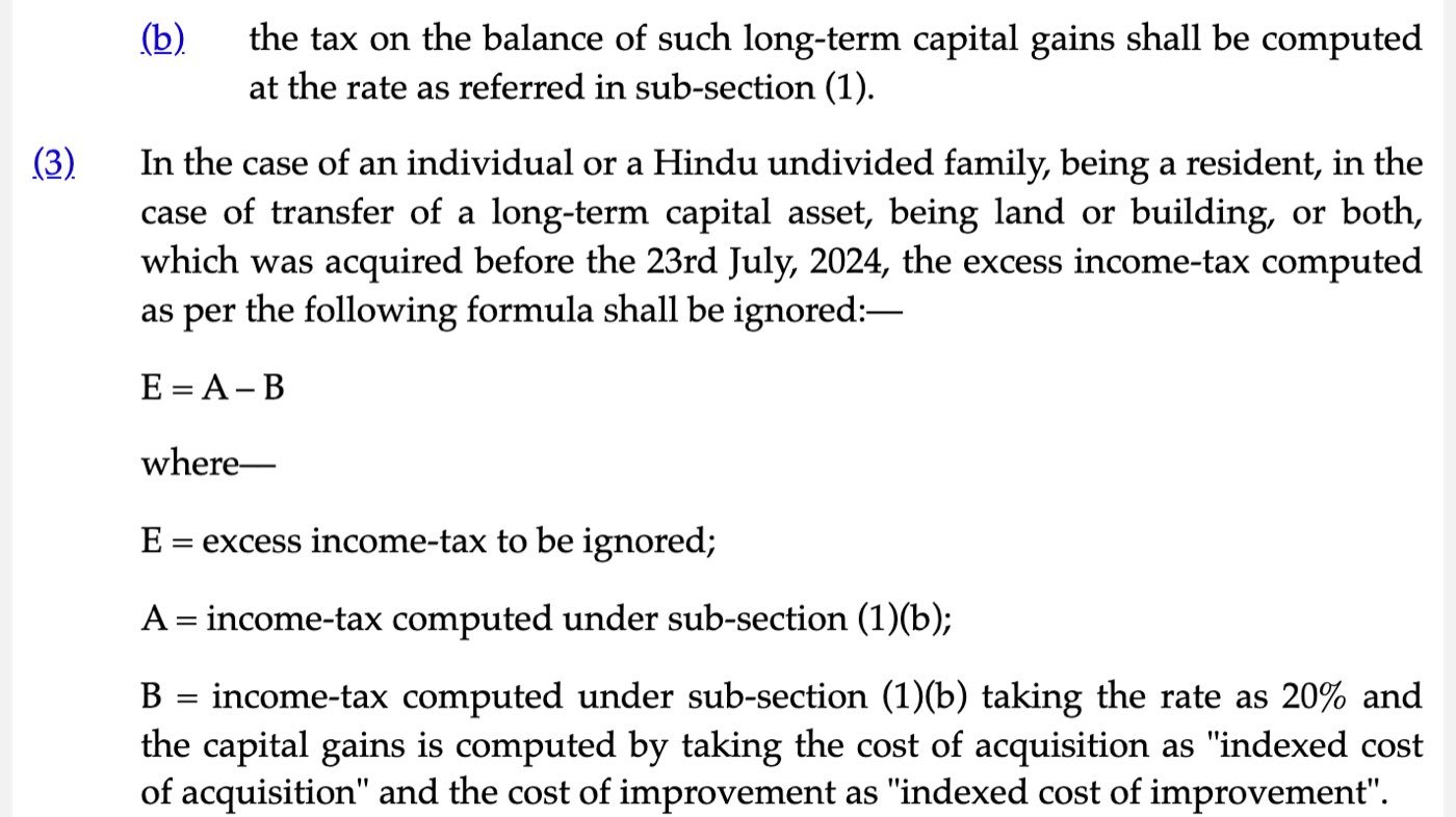 Sub-section 3 of section 197 of the Income-tax Act, 2025, as published on Indian Kanoon on 13 October 2026, providing that for a resident individual or Hindu undivided family transferring land or building acquired before the 23rd July 2024, the excess of tax at 12.5% over tax computed at 20% with indexed cost of acquisition and improvement shall be ignored