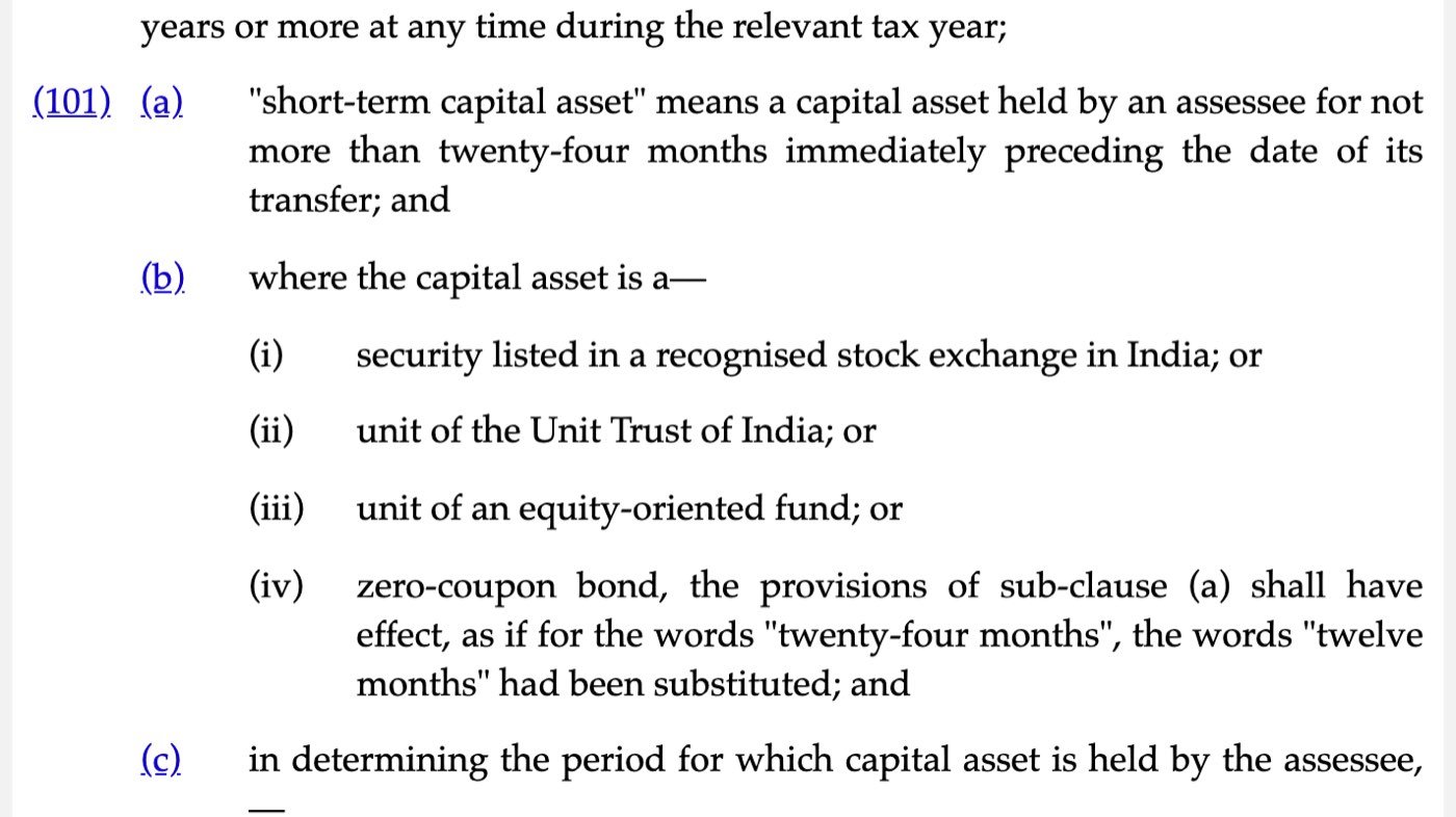 Section 2 clause 101 of the Income-tax Act, 2025, as published on Indian Kanoon on 13 October 2026, defining a short-term capital asset as one held for not more than twenty-four months, and substituting twelve months for listed securities, UTI units, equity-oriented fund units and zero-coupon bonds
