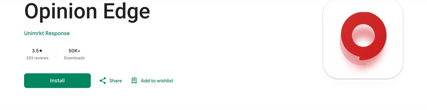 The Google Play listing for Opinion Edge on September 30, 2026: publisher Unimrkt Response, 3.5 stars from 333 reviews, 50K+ downloads