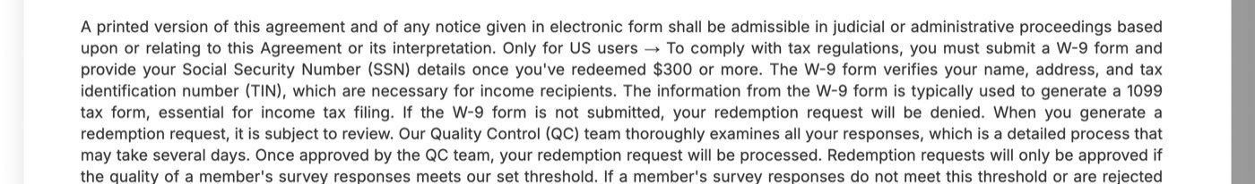Opinion Edge’s terms and conditions on September 30, 2026, stating that US users must submit a W-9 form and provide their Social Security Number once they have redeemed $300 or more, and that redemption requests are reviewed by a Quality Control team