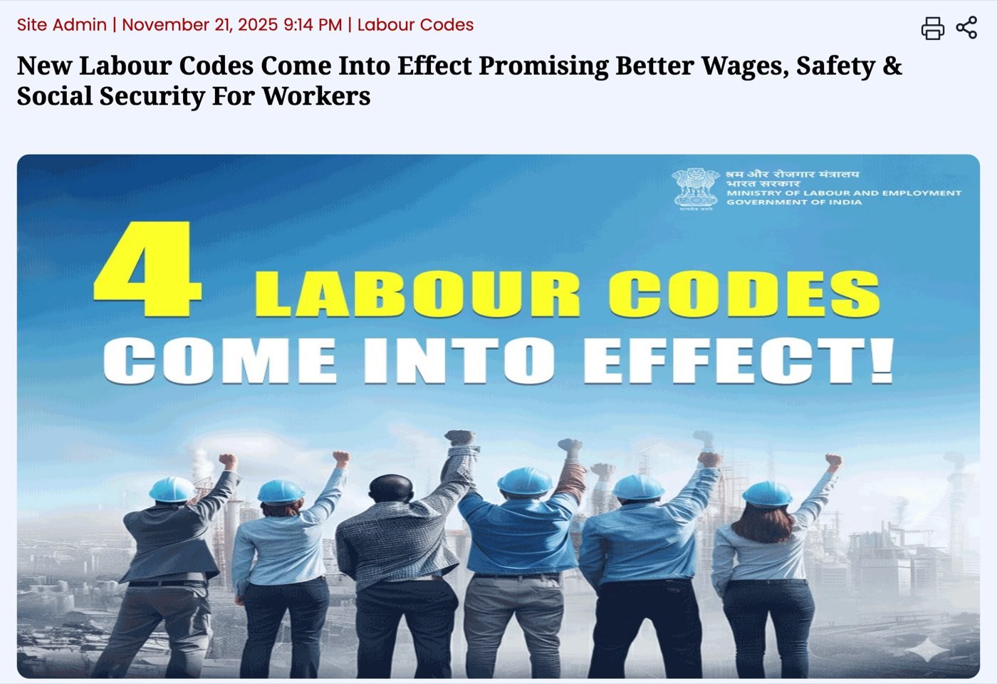 Akashvani News article dated November 21, 2025, headlined New Labour Codes Come Into Effect Promising Better Wages, Safety and Social Security For Workers, with a Ministry of Labour and Employment graphic of workers raising their fists under the words 4 Labour Codes Come Into Effect