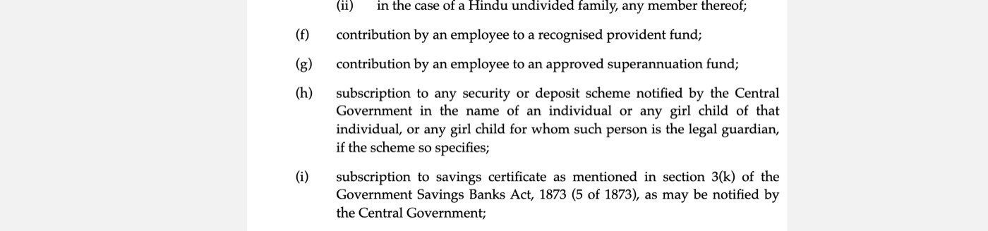 Schedule XV of the Income-tax Act, 2025 on Indian Kanoon, captured on 26 October 2026, item (h): subscription to any security or deposit scheme notified by the Central Government in the name of an individual or any girl child of that individual, or any girl child for whom such person is the legal guardian, if the scheme so specifies