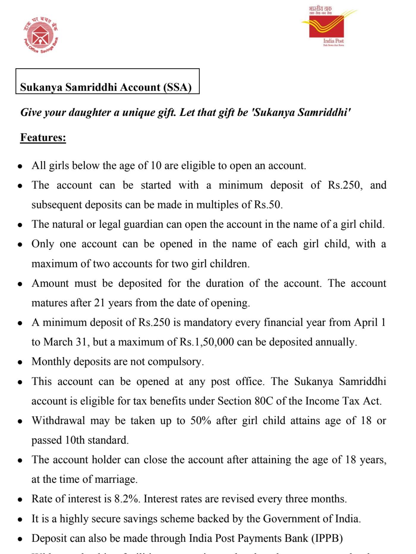 The Sukanya Samriddhi Account page of India Post's savings-schemes e-book, rendered on 26 October 2026: all girls below 10 are eligible, a minimum deposit of Rs 250 and multiples of Rs 50, one account per girl and two per family, maturity 21 years from opening, Rs 250 minimum and Rs 1,50,000 maximum a year, monthly deposits not compulsory, 80C benefit, 50% withdrawal at 18 or after class 10, closure at marriage after 18, and a rate of 8.2% revised every three months