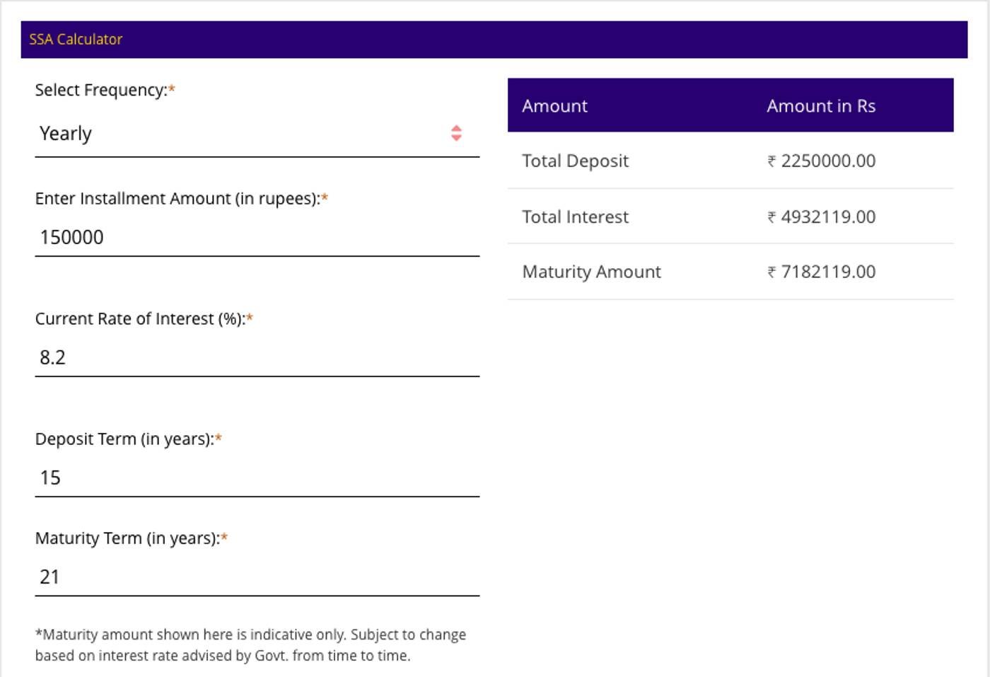 SBI's Sukanya Samriddhi Account calculator on sbi.bank.in, captured on 26 October 2026, with frequency Yearly, instalment amount 150000, rate of interest 8.2, deposit term 15 years and maturity term 21 years, showing a total deposit of 2250000.00, total interest of 4932119.00 and a maturity amount of 7182119.00