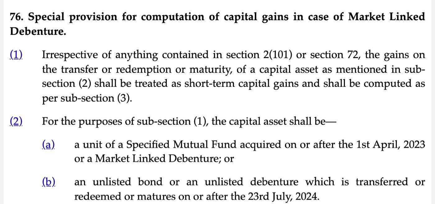 Section 76 of the Income-tax Act, 2025 on Indian Kanoon on 18 October 2026: gains on the transfer or redemption of a unit of a Specified Mutual Fund acquired on or after 1 April 2023 shall be treated as short-term capital gains