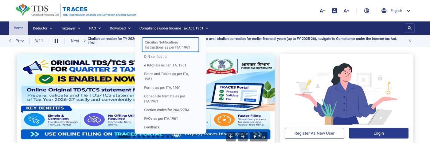 The TRACES home page, captured on 23 October 2026, with the Compliance under Income Tax Act, 1961 menu open, listing Circular, Notification and Instructions as per ITA 1961, DIN verification, e tutorials as per ITA 1961, Rates and Tables as per ITA 1961, Forms as per ITA 1961, Conso File formats as per ITA 1961, Section codes for 26A and 27BA, FAQs as per ITA 1961 and Feedback