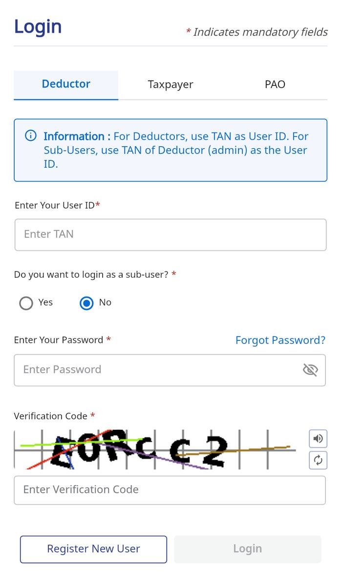 The TRACES login screen at traces.tdscpc.gov.in, captured on 23 October 2026, with the Deductor tab selected and the note: For Deductors, use TAN as User ID. For Sub-Users, use TAN of Deductor (admin) as the User ID, followed by fields for the TAN, a sub-user Yes or No choice, the password with a Forgot Password link, a verification code, and Register New User and Login buttons