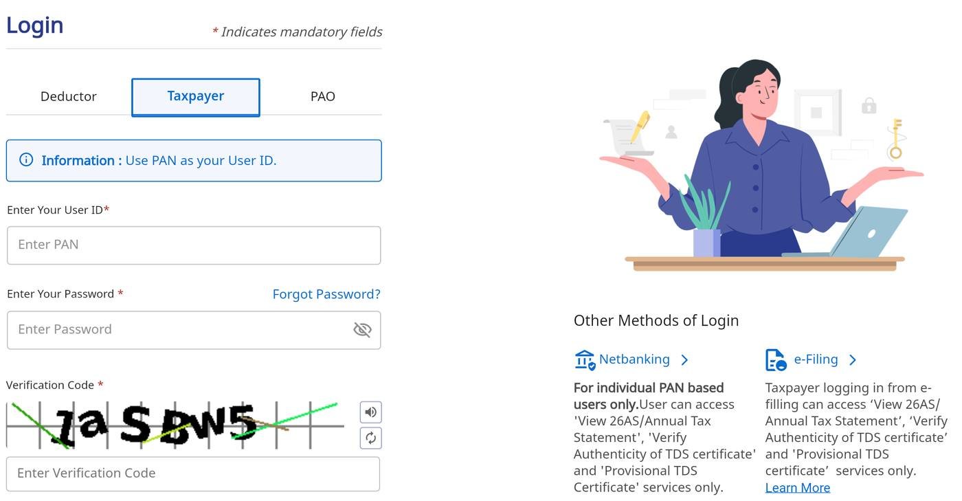 The Taxpayer tab of the TRACES login screen, captured on 23 October 2026, with the note Use PAN as your User ID, and Other Methods of Login: Netbanking, for individual PAN based users only, and e-Filing, each allowing only View 26AS or Annual Tax Statement, Verify Authenticity of TDS certificate and Provisional TDS certificate