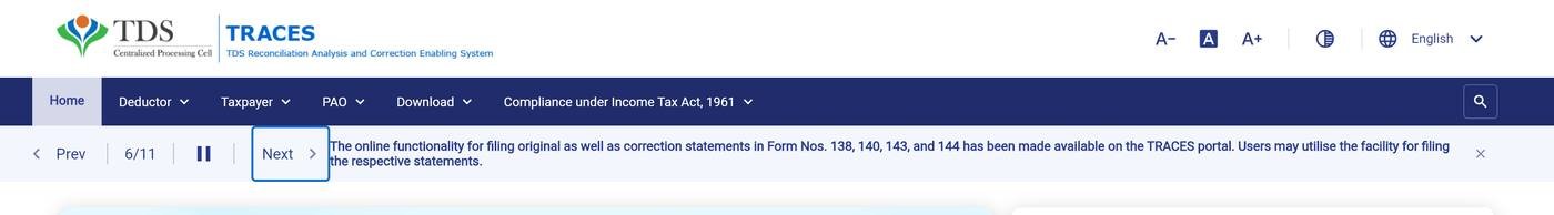 A notice on the TRACES home page, captured on 23 October 2026: The online functionality for filing original as well as correction statements in Form Nos. 138, 140, 143, and 144 has been made available on the TRACES portal